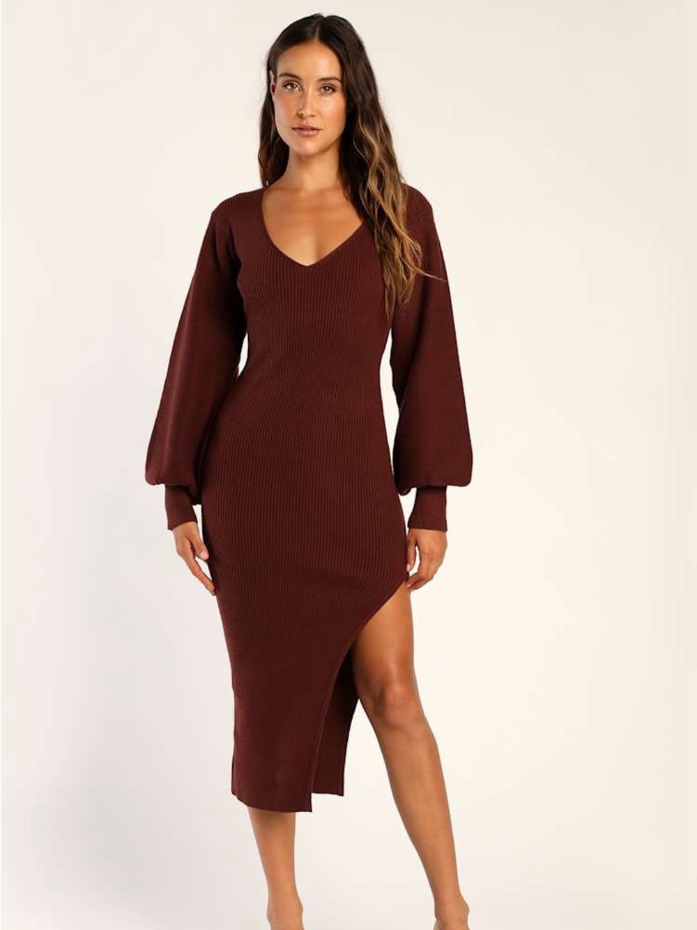Lulus Autumn Darling Chocolate Brown Balloon Sleeve Midi Sweater Dress